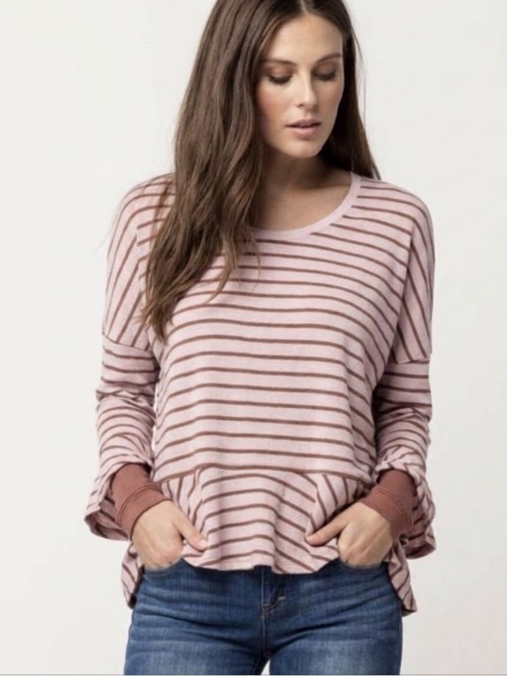 Free People We The Free Antique Pink Striped Peplum Bell Sleeve Top S